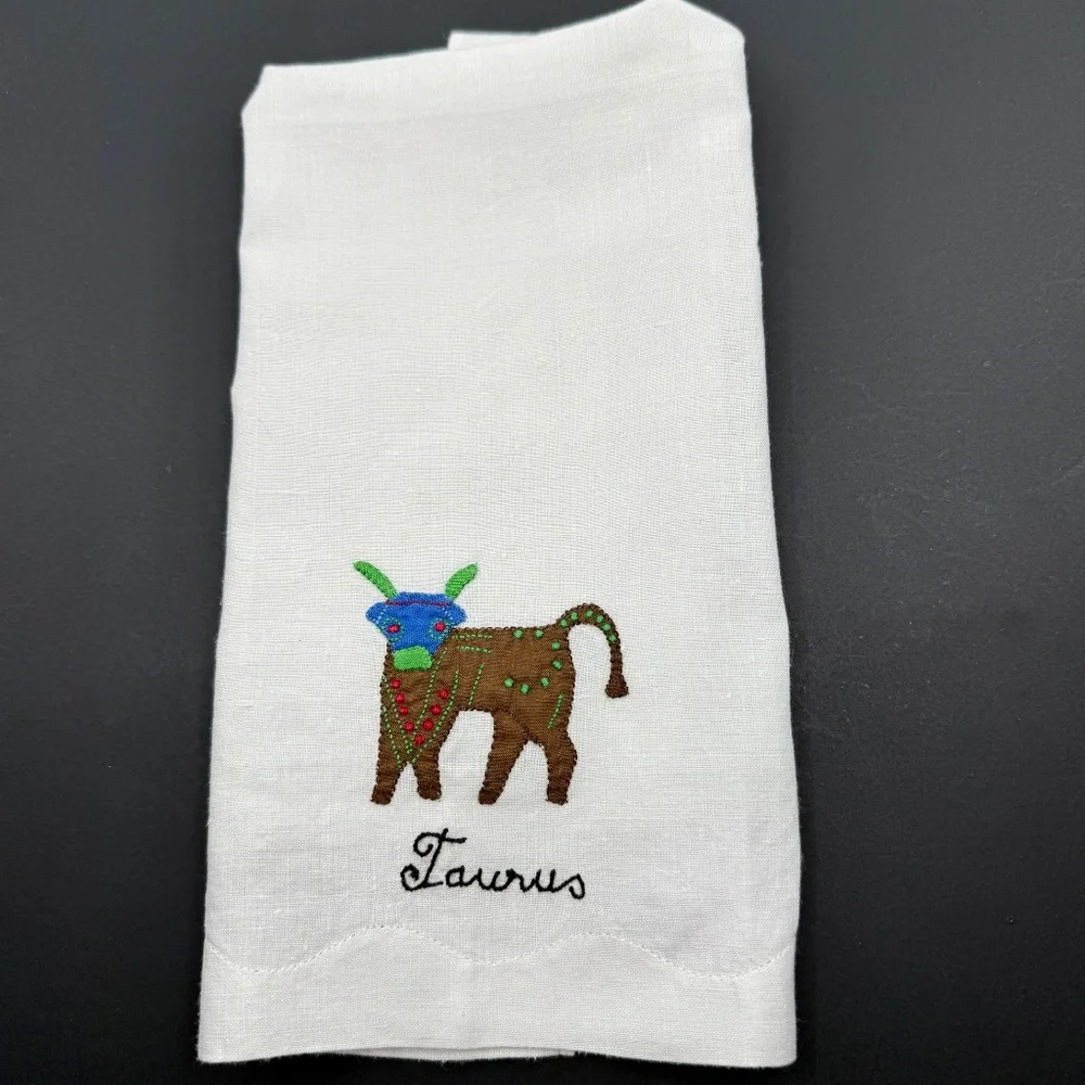 Vintage Hand Embroidered Taurus Madeira Fingertip Towel